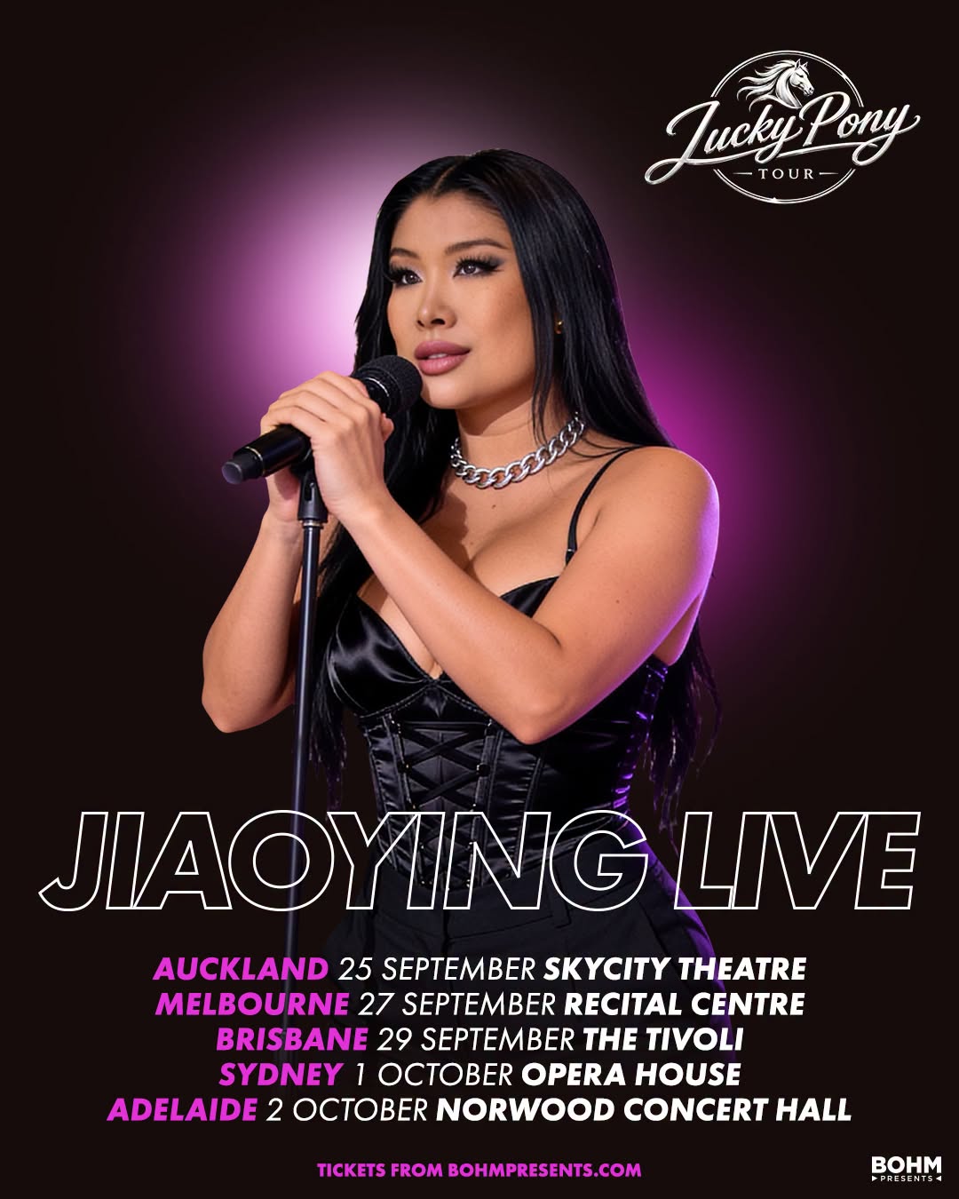 Tour poster for Jiaoying Summers' "Lucky Pony Tour", featuring her with a microphone above dates for Auckland, Melbourne, Brisbane, Sydney, Adelaide.
